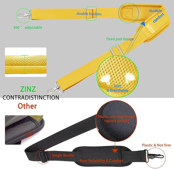 ZINZ 79 inch Shoulder Strap, Extra-Thick Fixed Cushion Pad and Dual Clasps Universal Replacement Strap with Metal Swivel Hooks for Laptop Bags, Luggage Bags, Camera, Crossbody (200cm,Yellow)