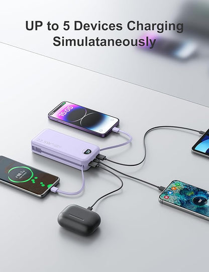 20000mAh Ultra-Portable-Charger-Power-Bank PD20W with Built in Cables&AC Wall Plug,Fast Charging Cell Phone Charger Battery Pack,LED Display Travel Battery Bank for All iPhone,Samsung,Android