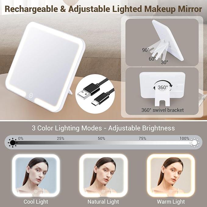 Travel Makeup Bag with Led Mirror Make up Case with Lighted Mirror Cosmetic Organizer bag with Adjustable Dividers and 5X Magnifying Mirror Makeup Box Vanity Case for Women