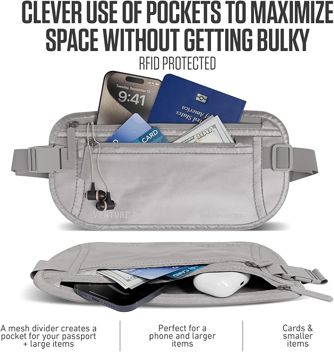 Travel Money Belt, RFID Blocking for Men & Women - Ideal for Keeping Your Cash, Credit Card, Passport, Phone Safe When Traveling (Sleek Silver)