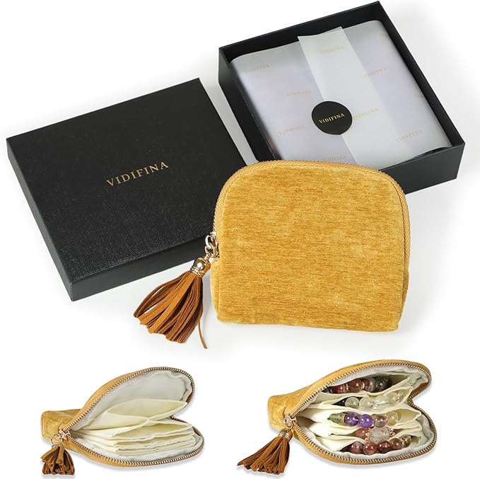 Small Travel Jewelry Case, Mini Travel Jewelry Bag with Zipper, 5-Layer Velvet Organizer Pouch for Bracelet Rings Earrings - Chenille Velvet Yellow