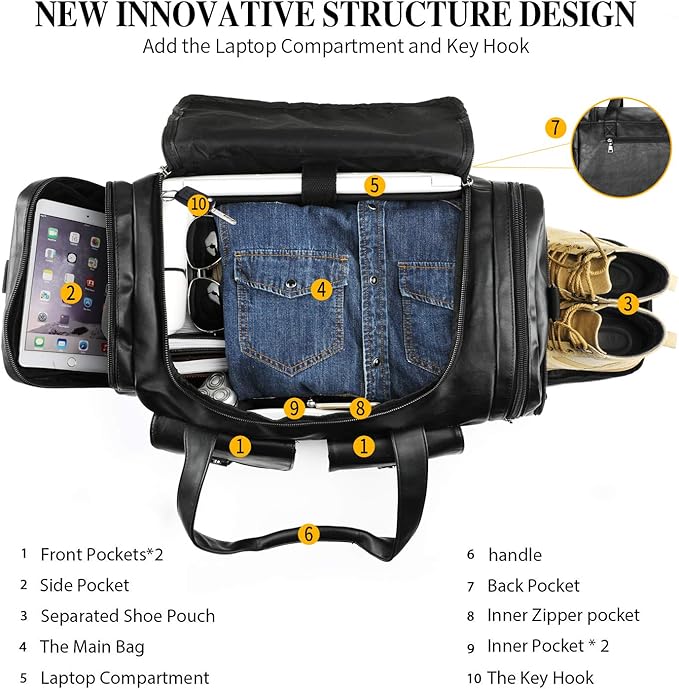 Zeroway Travel Duffel Bag with Shoe Pouch, PU leather Carry on Bag Weekender Overnight Bag for Men Women Black