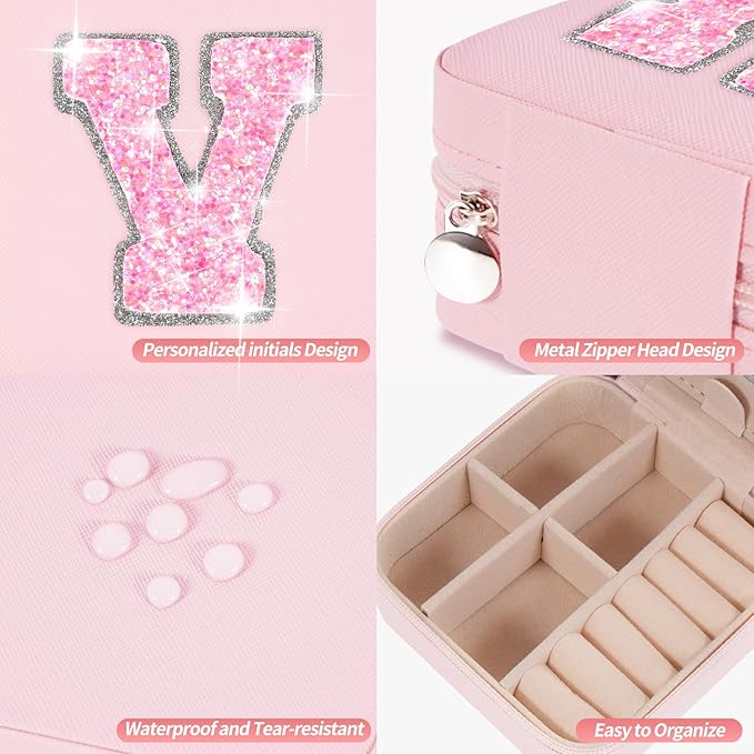 Personalized Jewelry Case for Women Girls - Fashion Mini Jewelry Boxes - Trendy Travel Jewelry Organizer with Initials Letter - Teen Gifts | Pink,V