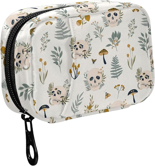 Fustylead Plants Mushrooms Skulls Travel Pill Case Bag with Zipper Weekly Pill Box 8 Compartments 7 Day Personal Pill Case Purse Medicine Case Organizer