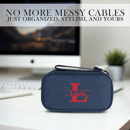 Personalized Electronics Organizer Travel Case Navy – Custom Name Compact Cable Storage Bag for Chargers, Cords, USB Flash Drives, Waterproof Tech Pouch for Travel, Business, Daily Organizer - Navy