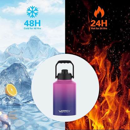 WATERSY 1 Gallon Water Bottle Insulated(Cold for 48 Hrs),BPA Free&Leak Proof,128oz Stainless Steel Water Jug,Big thermo,Large Water Bottle with Handle for Gym,Hiking,Camping&Travel,Gradient Purple