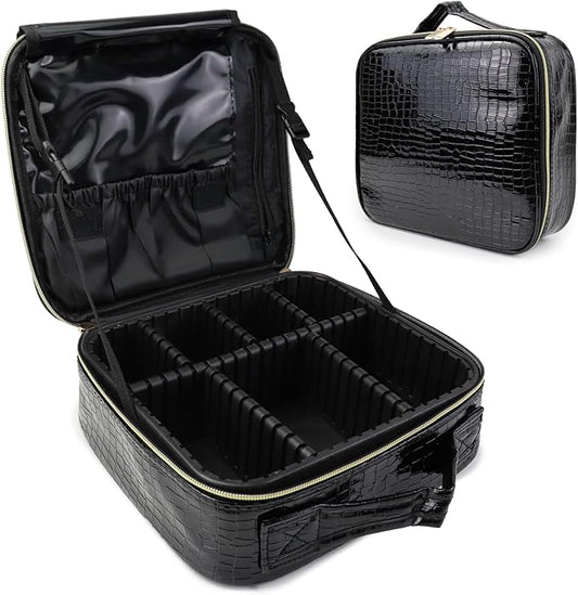 Travel Makeup Bag Makeup Cosmetic Train Case Organizer Portable Storage Bag with Adjustable Dividers for Cosmetics Makeup Brushes Toiletry Jewelry Black Crocodile Pattern