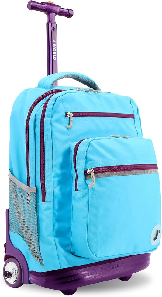 J World Sundance Laptop Rolling Backpack for Girls Boys. Roller Bookbag with Wheels, Sky Blue