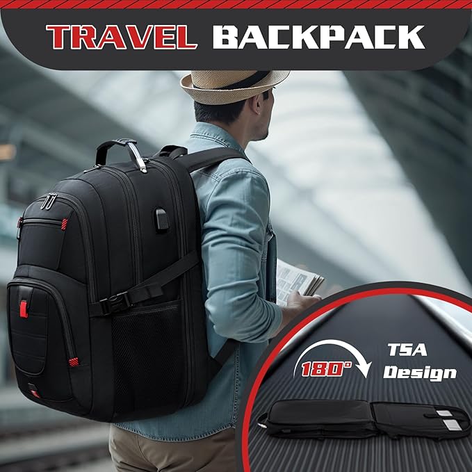 50L Travel Backpack, 17 inch Laptop Backpack for Men, Extra Large Sturdy TSA Friendly with USB Port College School Rucksack Bag Gifts for Him Men Women, Black