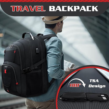 50L Travel Backpack, 17 inch Laptop Backpack for Men, Extra Large Sturdy TSA Friendly with USB Port College School Rucksack Bag Gifts for Him Men Women, Black
