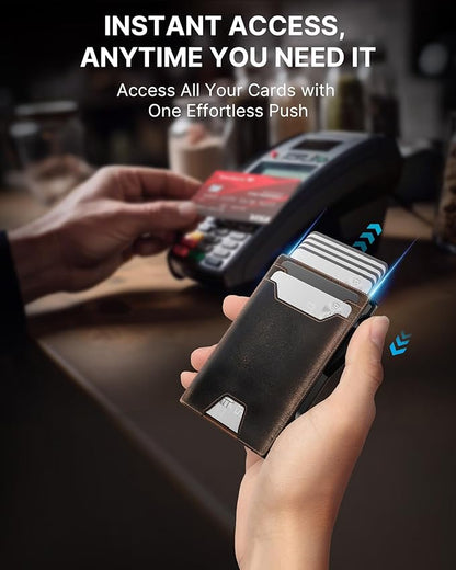 typecase Wallet for Men: Rfid-blocking with Money Clip Slim Leather Bifold ID Window Smart Pop Up Card Case Front Pocket Wallet with Gift Box (Burnished Black)