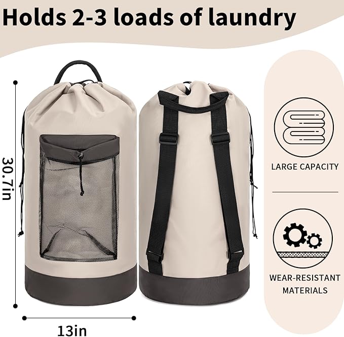 Laundry Bag Backpack with Shoulder Straps and Mesh Pocket Foldable Clothes Hamper Bag with Drawstring Closure for College, Apartment, Laundromat (Grey)