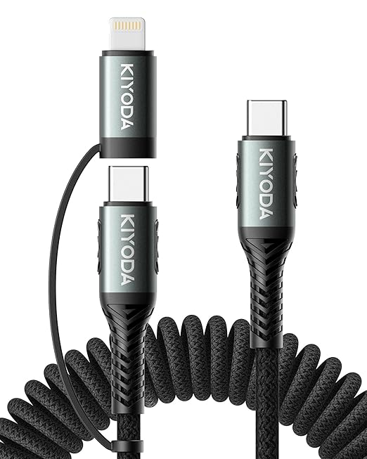 Coiled USB C to Lightning Cable 3FT, 2 in 1 iPhone 15 Charger Cord for Car Nylon Braided Multi Type C to TypeC Fast Charging Cables for iPhone 17 16 15 14 13 12 11 iPad, Samsung Galaxy Sony - 1Pack