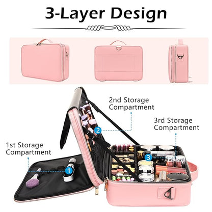gzcz Large Capacity Travel Makeup Case Organizer,Professional Cosmetic Bags for Women,Waterproof PU Leather Makeup Bag with Adjustable Dividers and Shoulder Strap for Brushes and Jewelry