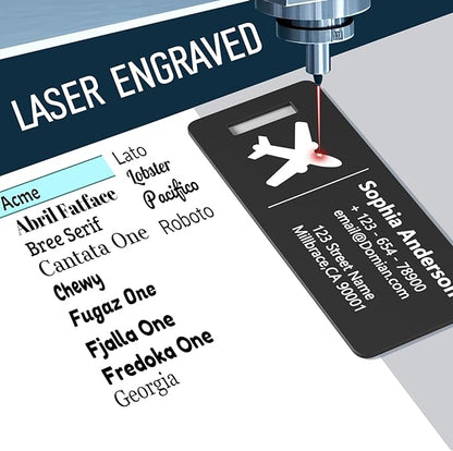 4 Personalized Metal Luggage Tags, Laser Engrave Name and Logo, Custom Aluminum Suitcase Tags with Steel Ring, for Travel, Backpack, Baggage (Black)