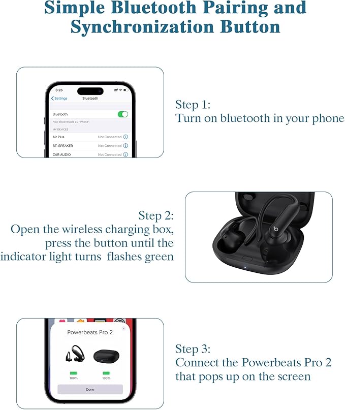 Jinstyles Wireless Charging Case for Powerbeats Pro 2: Portable Replacement Charger with Bluetooth Pairing Sync Button, 600mAh Built-in Battery, Earbuds Not Included