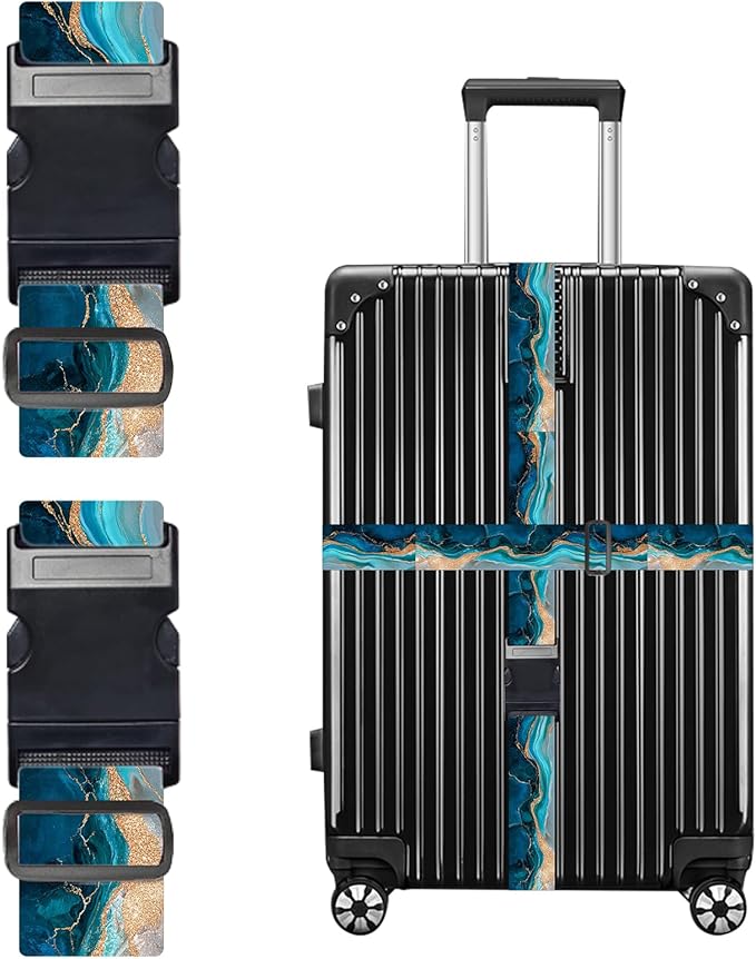 Nuxovilar Luggage Straps of 2 Set Blue & Gold Fluid Art Pattern, 1.96x90.5 inches - Luggage Straps for Suitcases, Nice for Art Lovers, Travel, Adventures