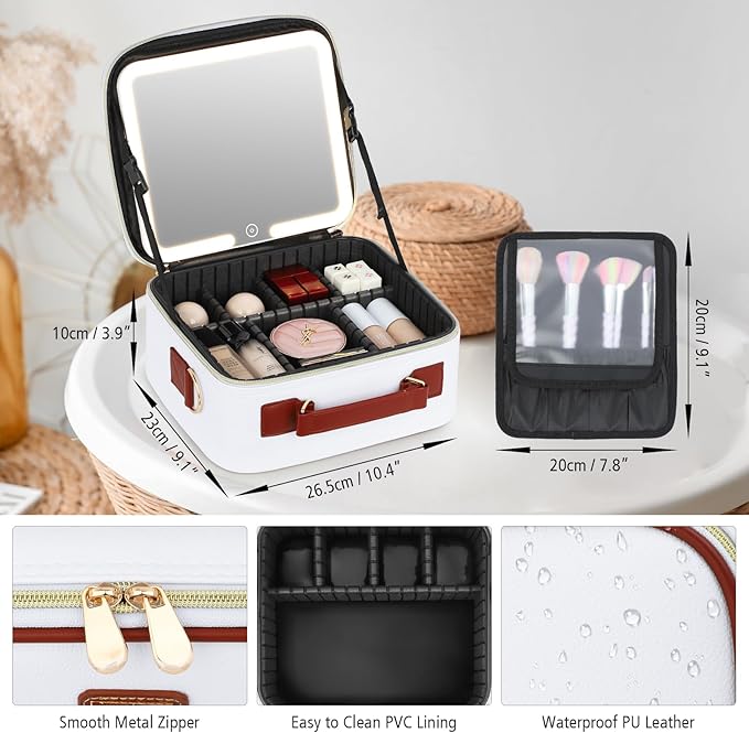 Travel Makeup Bag with Led Mirror Make up Case with Lighted Mirror Cosmetic Organizer bag with Adjustable Dividers and 5X Magnifying Mirror Makeup Box Vanity Case for Women