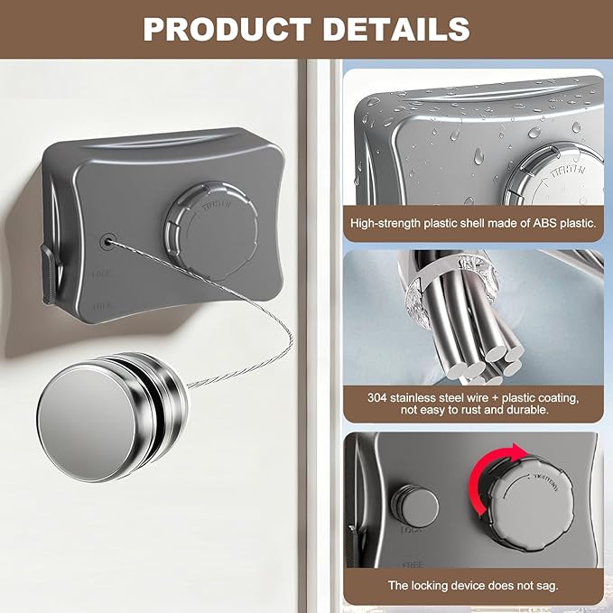 Retractable Clothesline for Outdoor & Indoor Use, 16.73 Ft Heavy Duty Retracting Clothes Line with Single Stainless Steel Rope - Laundry Drying Rack for Bathroom, Outside Areas (Grey)