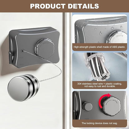 Retractable Clothesline for Outdoor & Indoor Use, 16.73 Ft Heavy Duty Retracting Clothes Line with Single Stainless Steel Rope - Laundry Drying Rack for Bathroom, Outside Areas (Grey)