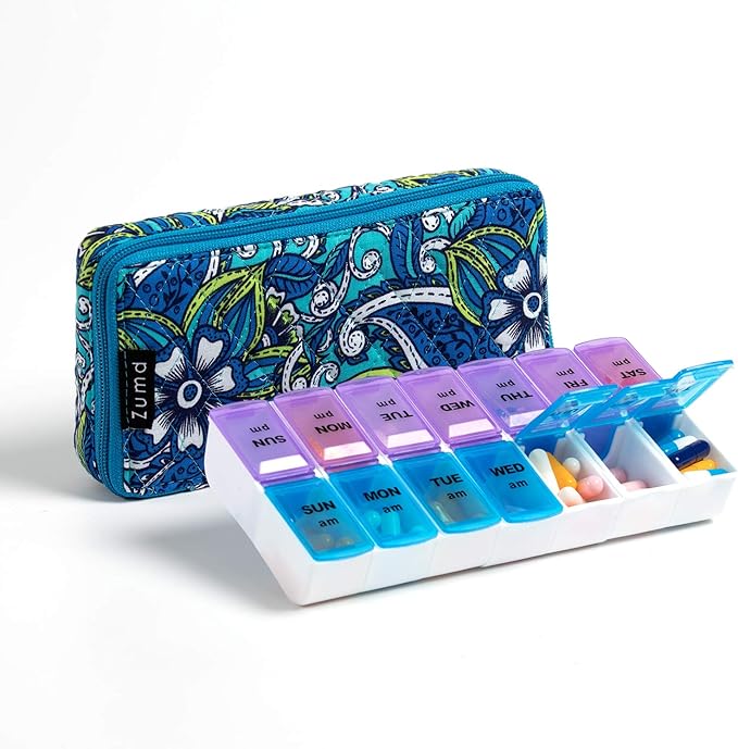 Weekly 7 Day Pill Organizer Case 2 Times a Day (AM/PM), Large Portable Pill Box 7 Day for Vitamin Medicine, Pill Case with Quilted Fabric Zipper Cute Bag for Travel or Daily