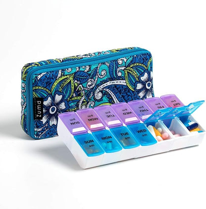 Weekly 7 Day Pill Organizer Case 2 Times a Day (AM/PM), Large Portable Pill Box 7 Day for Vitamin Medicine, Pill Case with Quilted Fabric Zipper Cute Bag for Travel or Daily