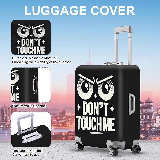 ANNA QUEEN Funny “Don’t Touch Me” Luggage Cover, Bold Black Suitcase Protector with Angry Eyes Design, Stretchable, Washable Travel Cover for 24-26 Inch Luggage