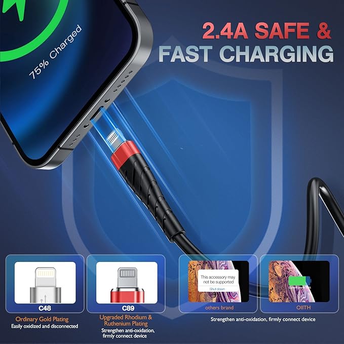 OIITH Apple MFi Certified iPhone Charger Cable 3 Pack 6 Ft, Long Lightning Charging Cord, Fast 2.4A iPhone USB Cord Compatible with iPhone12/11/XS/Max/XR/X/8/8P/7P/6