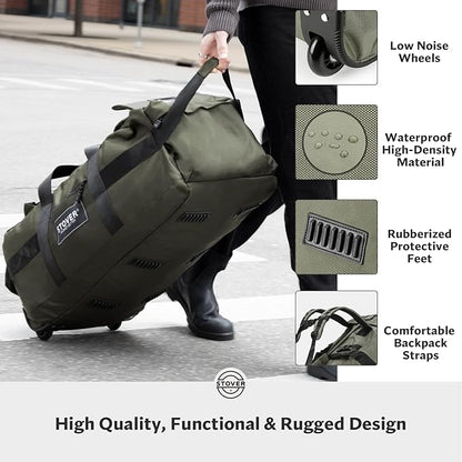 STOVER 100L Rolling Duffel Bag with Wheels, X-Large Durable Travel Duffle + Toiletry Bag, Heavy Duty, Packable with Shoulder Straps- Use as Luggage or Backpack, Men/Women (Green)