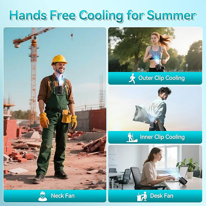 Portable Waist Fan, 5 Speeds & 15000RPM Strong Airflow Belt Fan, 10000mAh Rechargeable Wearable Shirt Fans with Flashlight, Personal Hands-Free Neck Fan for Outdoor, Camping, Worksites