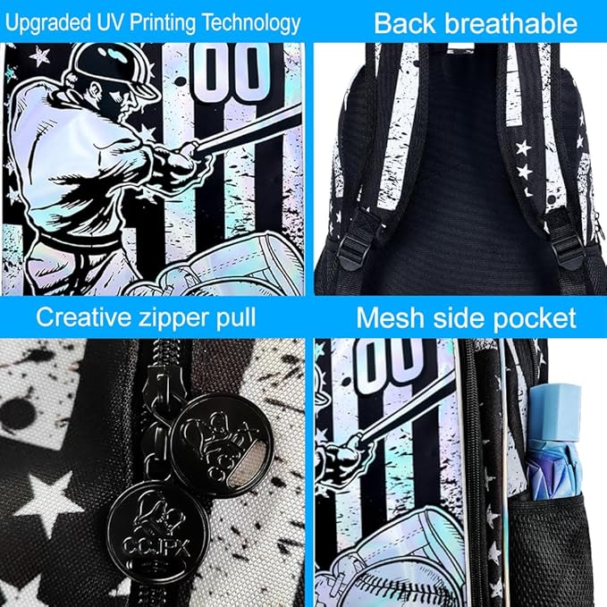 WZLVO 3PCS Boys Baseball Backpack Set, 17" Cool UV Printing Kids Bookbag/School Bag with Lunch Box & Pencil Bag for Elementary to Middle - Star-Spangled Baseball