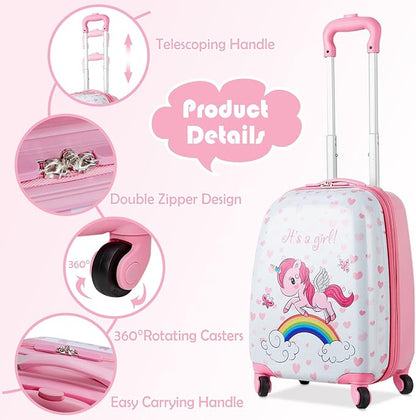 BABY JOY 2 Pcs Kids Luggage Set, 16" Carry-on Luggage Trolley Case & 12" Backpack w/Rolling Wheels, Retractable Handle, Lightweight Airline-approved Design, Kids Suitcase for Girls Boys (Pink Pony)