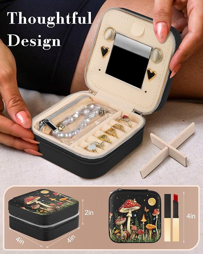 Bistup Travel Jewelry Case - Small Jewelry Organizers and Storage Box for Women Girls Teens Cute Traveling Jewelry Holder with Mirror Little Tiny Compact Modern Unique Aesthetic Pretty, Mushroom