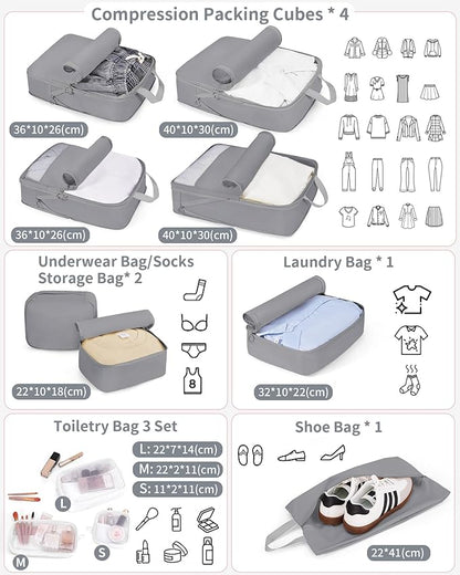 Compression Packing Cubes 11 Set, Expandable Suitcase Organizers, Gray Luggage Bags