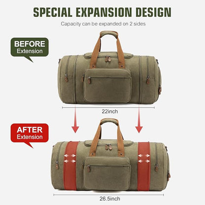 Sucipi Canvas Travel Duffel Bag for Men, Weekend Overnight Bag with Shoe Compartment and Toiletry Bag, Carry-On for Airplanes, Army green