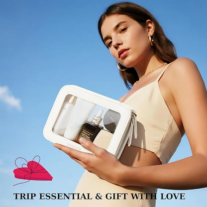 Clear Makeup Bag, Travel Toiletry Bag Cosmetic Case for Women, Waterproof Portable Make Up Skincare Pouch with Zipper, Compact Car Organizer Bag for Essentials, Medium Size, Ivory White