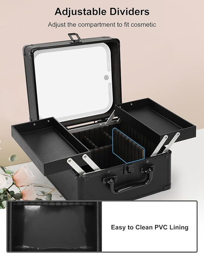 Chomeiu Makeup Bag with Mirror, Travel Train Case Large Cosmetic Organizer with 2 Trays and Vanity Mirror with LED Lights, Brush Holder Storage Box Suitcase for Nail Kits Cosmetics Craft, Black