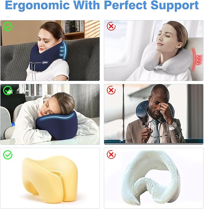 jiaao Neck Pillow Airplane, Ergonomic Memory Foam Travel Pillows for Long Flights, 3D Eye Masks, Ear Plugs and Portable Drawstring Bag, Napping Pillow for Home, Sleep Rest, Family and Travel Use
