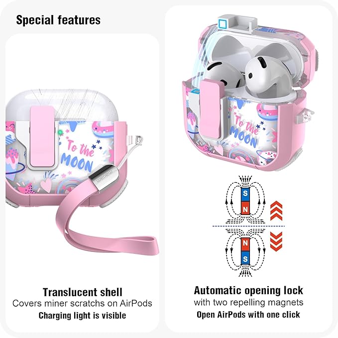 WENEW Case for AirPods 4th Case Cover Secure Lock Automatic Snap Switch Clip Cleaner Kit Lanyard Women Stylish Flower Armour Hard Shell Full Body Front LED Visible (Pink Universe, AirPods 4th)
