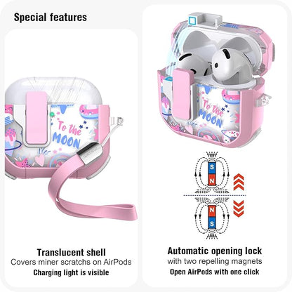 WENEW Case for AirPods 4th Case Cover Secure Lock Automatic Snap Switch Clip Cleaner Kit Lanyard Women Stylish Flower Armour Hard Shell Full Body Front LED Visible (Pink Universe, AirPods 4th)