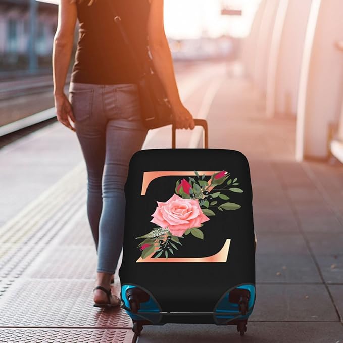 Floral Letter Z Travel Luggage Cover Spandex Suitcase Protector Elastic Washable Stretch Suitcase Cover,Size L(Fit 25-28inch Suitcase)