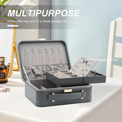 Travel Jewelry Case Large Jewelry Box Jewelry Travel Organizer Jewelry Case with Handle Removable Tray Best Gift for Women Girls (Grey)
