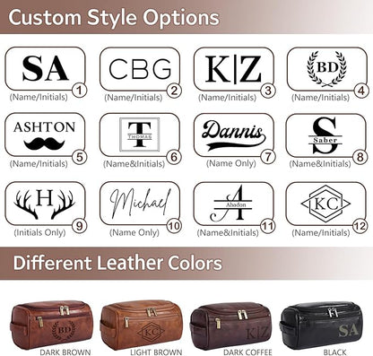 Personalized Leather Toiletry Bag for Men, Custom Engraved Travel Dopp Kit Bag, Customized Name Initials Gift for Groomsmen, Best Man, Father's Day, Wedding, Birthday, Husband, Grandpa