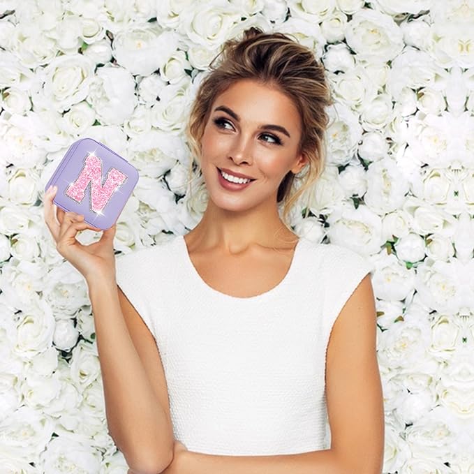 Personalized Jewelry Case for Women Girls - Fashion Mini Jewelry Boxes - Trendy Travel Jewelry Organizer with Initials Letter - Teen Gifts | Lavender,N