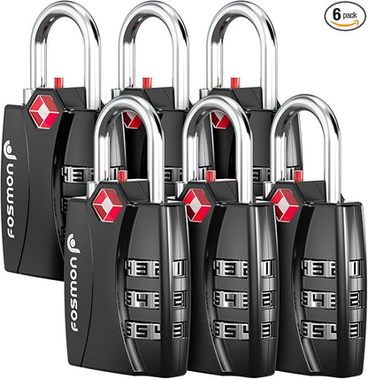 Fosmon Luggage Locks TSA Approved 6 Pack, Suitcase Locks with Open Alert Indicator, 3 Digit Combination Padlock with Alloy Body for Travel, Backpack Zipper Anti Theft, Locker, Gym, Gun Case- Black