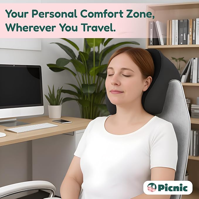 Picnic Neck Pillow for Traveling | 100% Pure Memory Foam Travel Pillow for Airplanes, Car & Office | Ergonomic Support with Adjustable Clasp, Eye Mask & Compact Travel Bag | Perfect for Relaxation