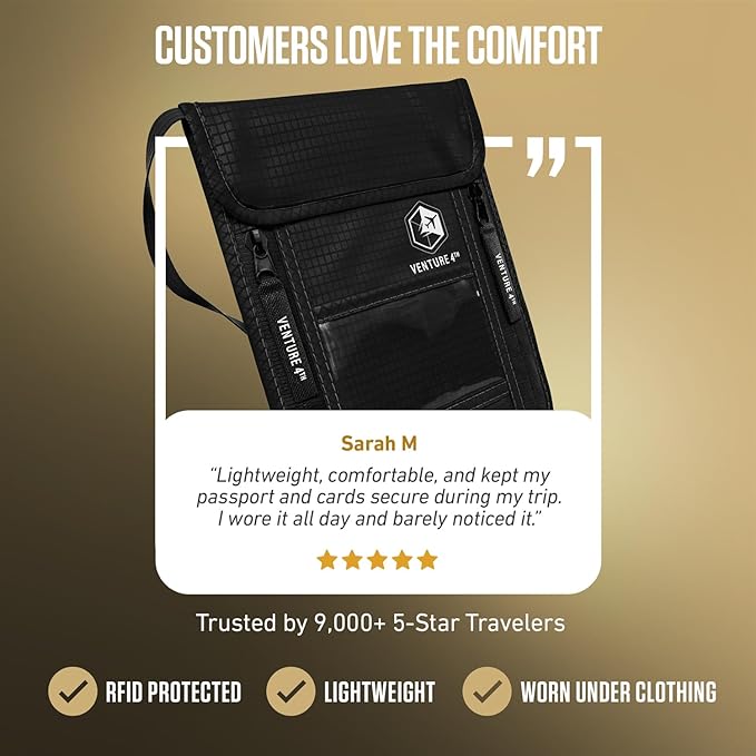 VENTURE 4TH Neck Wallet, RFID Blocking Passport Holder for Travel – Hidden Neck Pouch with 6 Compartments, Slim Lightweight Organizer with Adjustable Strap for Cash, Cards & Passport (Pure Black)