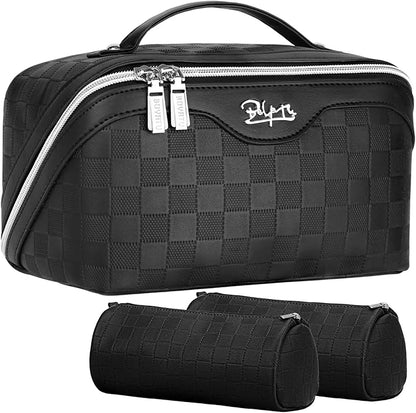 BOYATU Travel Makeup Bags for Women: Vegan Leather Cosmetic Bag Set of 3 - Large Capacity Make up Bag with Divider - Wide Open Waterproof Toiletry Organizer Bag with Handle (L13-Black)
