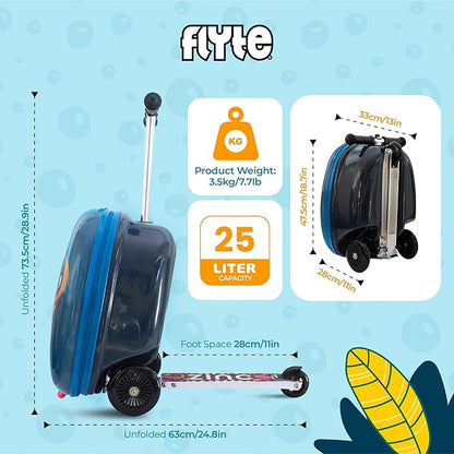 FLYTE Scooter Suitcase Folding Kids Luggage – Stormy the Shark, 18 Inch Hardshell, Ride On with Wheels, 2-in-1, 25 Litre Capacity