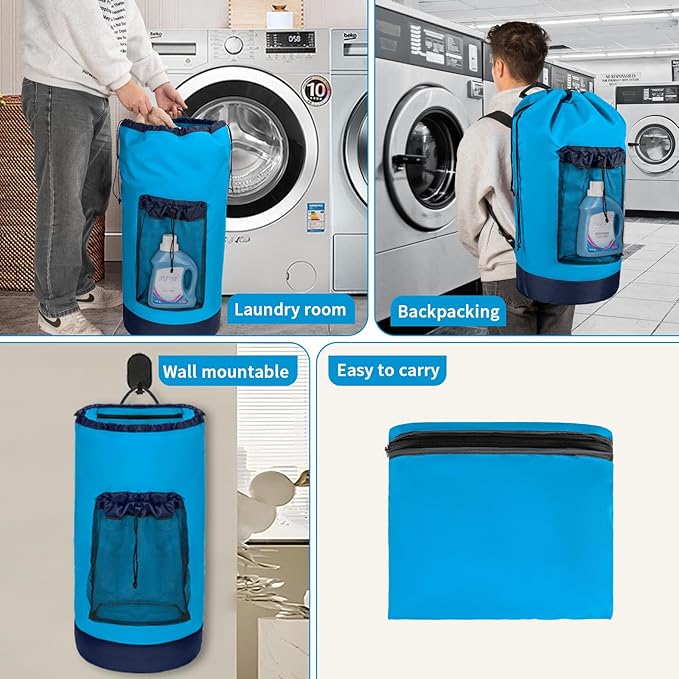 Laundry Bag Backpack with Shoulder Straps and Mesh Pocket Foldable Clothes Hamper Bag with Drawstring Closure for College, Apartment, Laundromat (Blue)